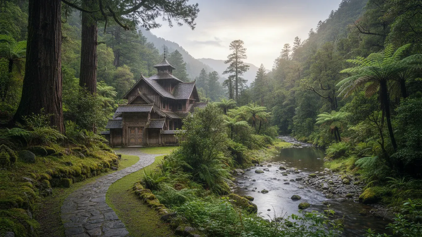 Bodhinyanarama — The center is situated within a sprawling 60-hectare wooded valley, providing a natural and secluded environment conducive to contemplation and spiritual practice. The landscape is characterized by its lush greenery and peaceful atmosphere, offering a respite from urban life.