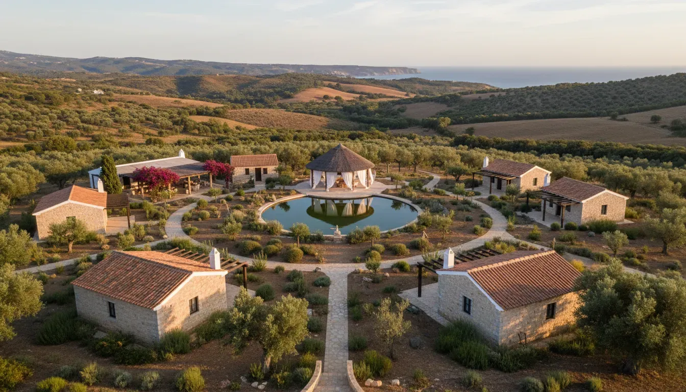 Aqua Ventura — The retreat is situated in a charming rural village within the western Algarve, surrounded by rolling hills and the stunning Rota Vicentina Nature Park. This natural setting provides a peaceful and secluded atmosphere, with multiple beaches a short 15-minute drive away and endless hiking trails right outside the door.