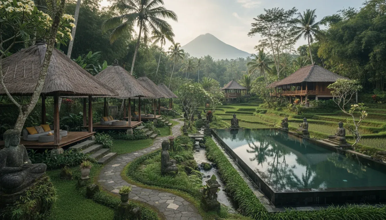 Basundari — The retreat is situated in the lush green heart of Ubud, Bali, enveloped by tropical jungle, rice fields, and the soothing sounds of a gentle river. This natural environment provides a peaceful atmosphere for reflection and relaxation, with open-air spaces that blend seamlessly with the surroundings.