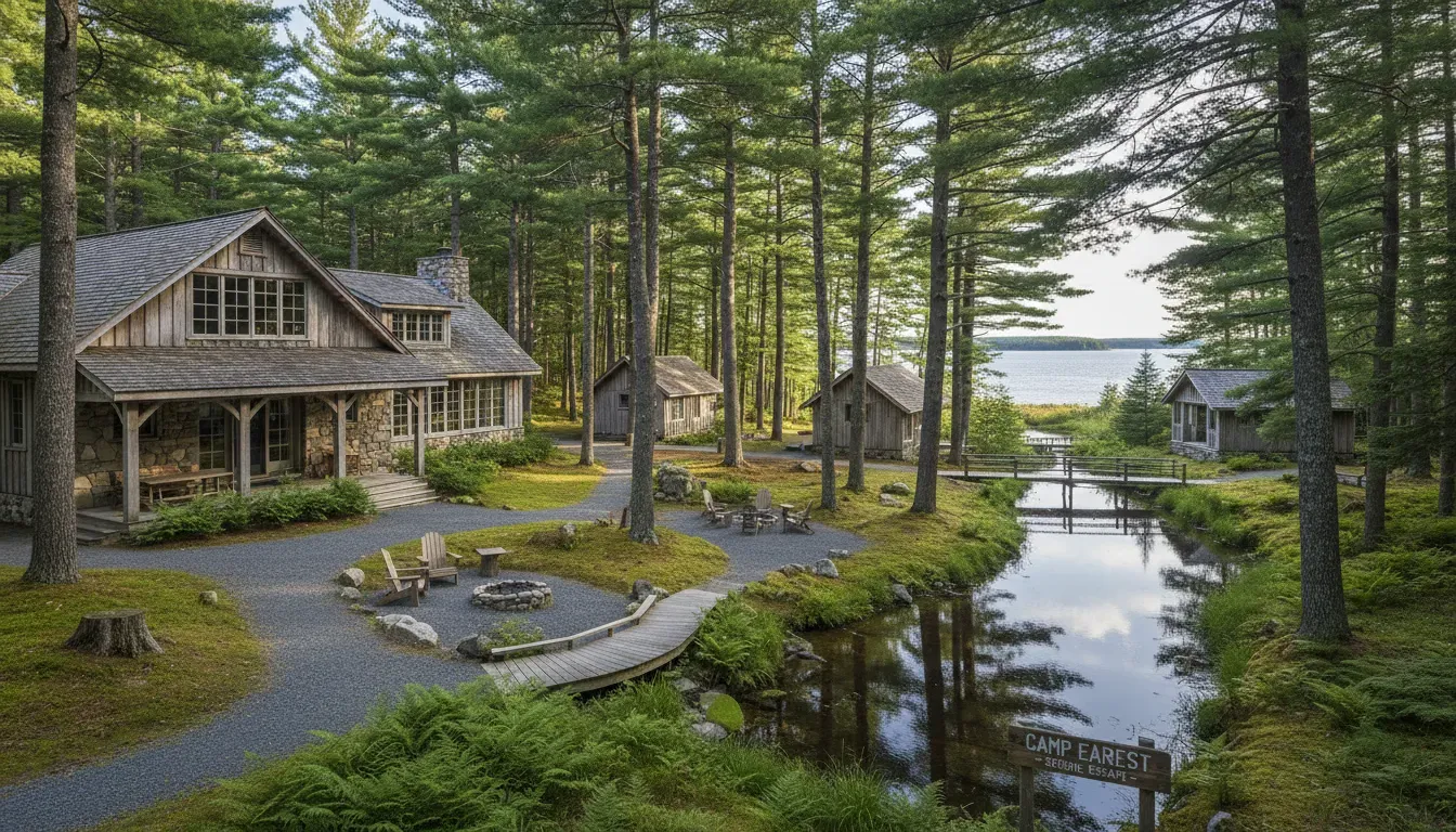 Camp Earnest — set in the serene pines of MidCoast Maine, Camp Earnest offers a tranquil escape on a wooded hillside. The atmosphere blends nostalgic summer camp charm with modern comfort, creating an inviting environment just minutes from the scenic Penobscot Bay.