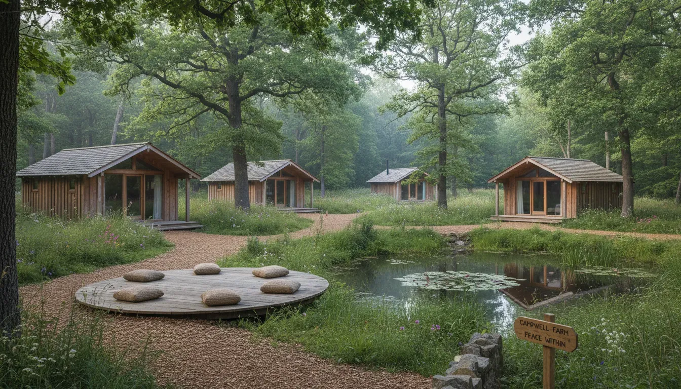 Campwell Farm — Nestled within a quiet woodland on a farm near Bath, Campwell Farm offers a serene natural environment. The atmosphere is one of rustic charm and peaceful seclusion, providing a perfect backdrop for relaxation and disconnecting from urban life.