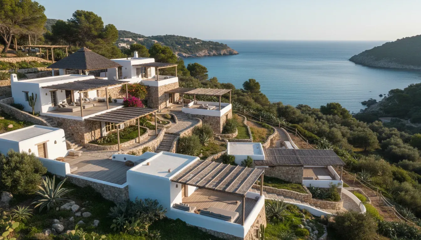 Cas Fale Ibiza — Cas Fale Ibiza is situated on a hillside, offering expansive, peaceful views of the surrounding lush nature. The atmosphere is one of profound tranquility, feeling both wild and deeply supportive, embodying the transformative energy of the island.