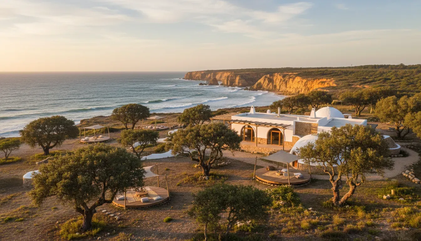 Casa Nomada — Casa Nomada is situated in a natural setting near Odeceixe, where the rugged beauty of the Costa Vicentina coastline meets vast, open skies. The property is surrounded by cork oaks and is conveniently close to the Atlantic Ocean, offering a peaceful and immersive natural environment.