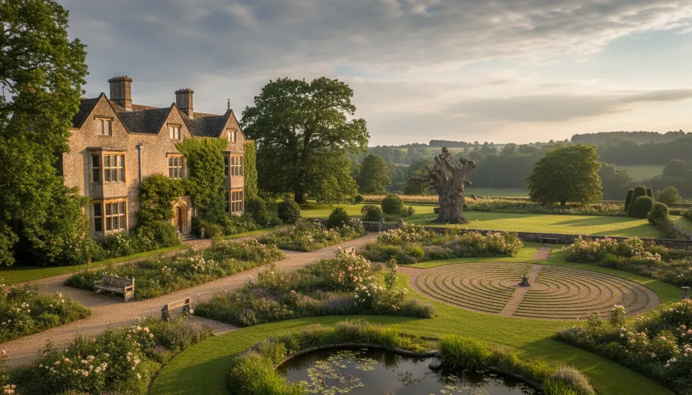 Charney Manor — The manor is set amidst large, beautiful gardens in the Oxfordshire countryside, creating a peaceful and picturesque environment. The historic architecture of the manor house adds to the serene and contemplative atmosphere.