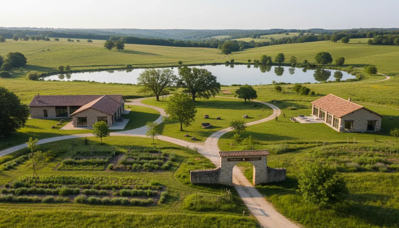 Domaine d'Orion — The center is situated on a vast 40-hectare estate in the French Gers countryside, characterized by parkland, meadows, lakes, and organic gardens. Its location on the route to the Camino de Santiago adds a layer of historical significance and a sense of journey to the peaceful natural environment.