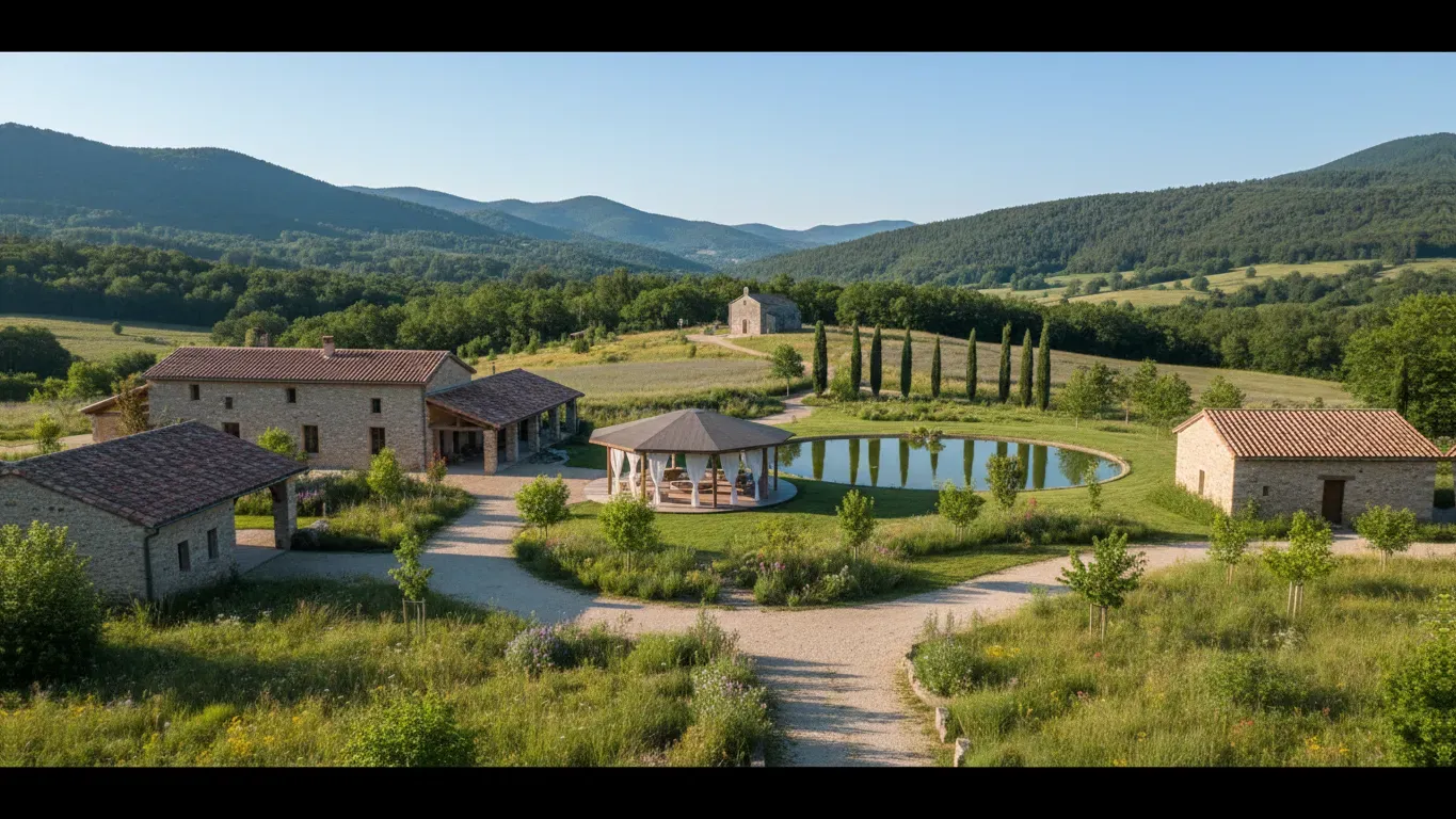 Domaine le Puget — The center is situated on a secluded 24-acre estate in rural Languedoc, characterized by rolling hills, a tranquil lake, and lush forests. The dramatic snow-capped peaks of the Pyrenees are visible in the distance, creating a stunning natural backdrop. The region itself is known for its pleasant weather, excellent food and wine, and a wealth of medieval castles and market towns.