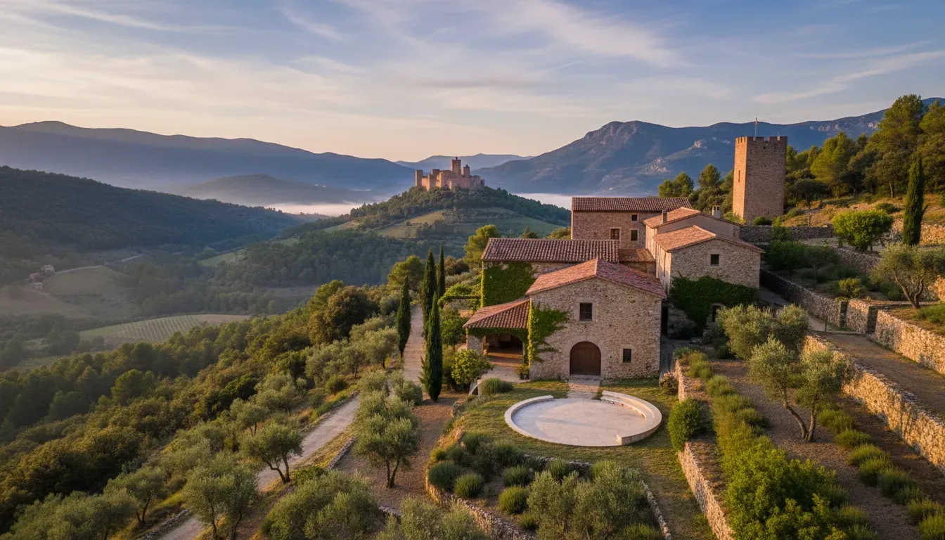 Domaine Madrona — The center is situated near the historic village of Castelnou, enveloped by the stunning natural beauty of the Eastern Pyrenees. The atmosphere combines the ancient charm of the farmhouse with the serene and expansive feel of the surrounding mountains.