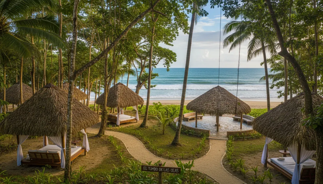 El Tumbo de las Olas — Nestled on five acres of beachfront jungle in Cabo Matapalo, El Tumbo de las Olas is where the lush Costa Rican rainforest converges with the Pacific Ocean. The atmosphere is one of secluded refinement, offering constant ocean breezes and the rhythmic sounds of the waves, creating an immersive natural environment.