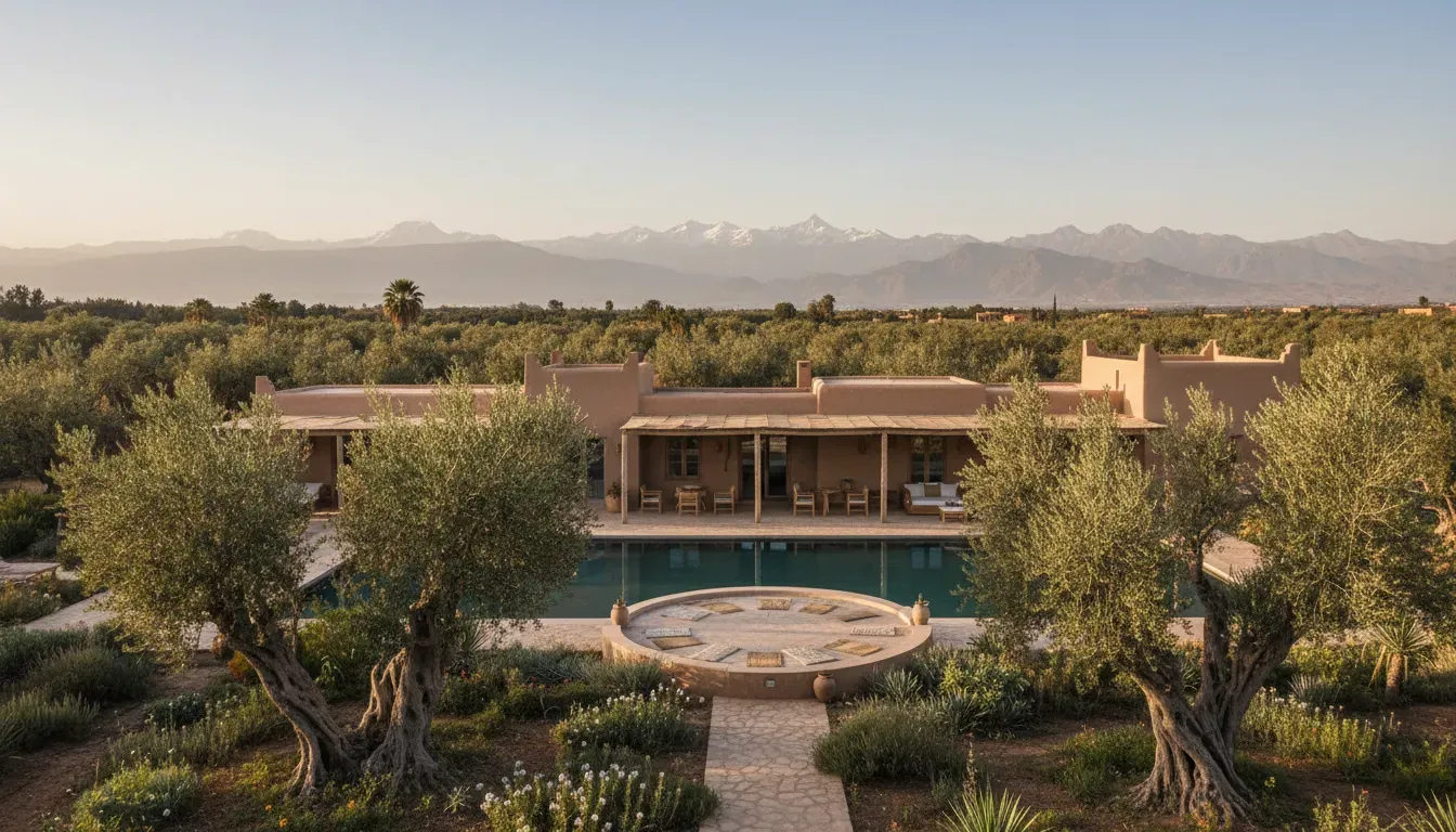 Farasha Farmhouse — Nestled within a deep-rooted olive grove, Farasha Farmhouse offers panoramic vistas of the Atlas and Jebel mountains. This regenerative farm and garden provides a secluded and serene environment, a peaceful contrast to the lively bustle of the Marrakesh Medina.