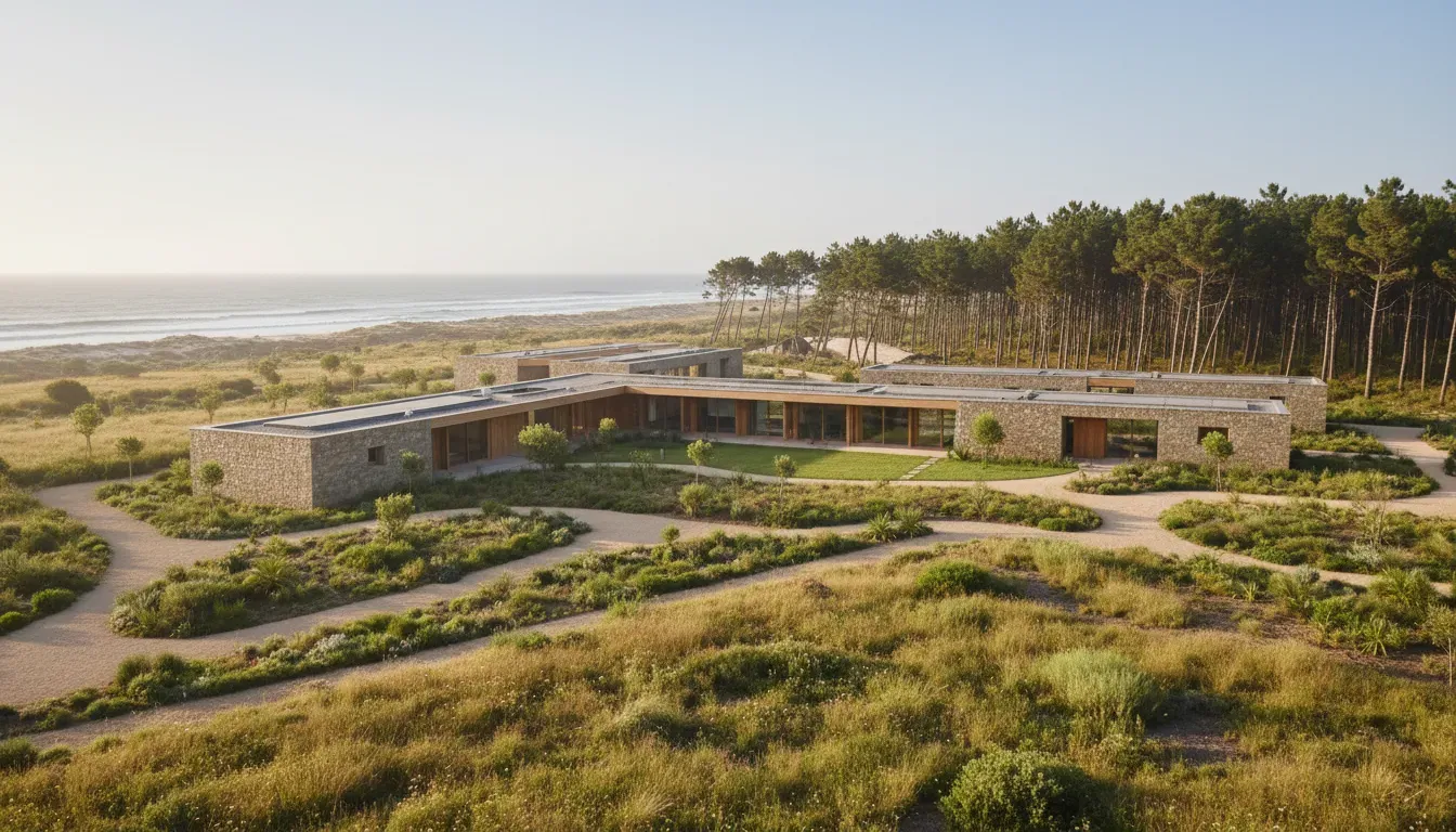 Good Muda — This peaceful countryside retreat is situated near Melides and Comporta, Portugal. It is surrounded by expansive open land, lush gardens, and fragrant pine forests, offering wide open landscapes and abundant natural light. The nearby Atlantic coastline provides access to wild beaches and invigorating ocean air.