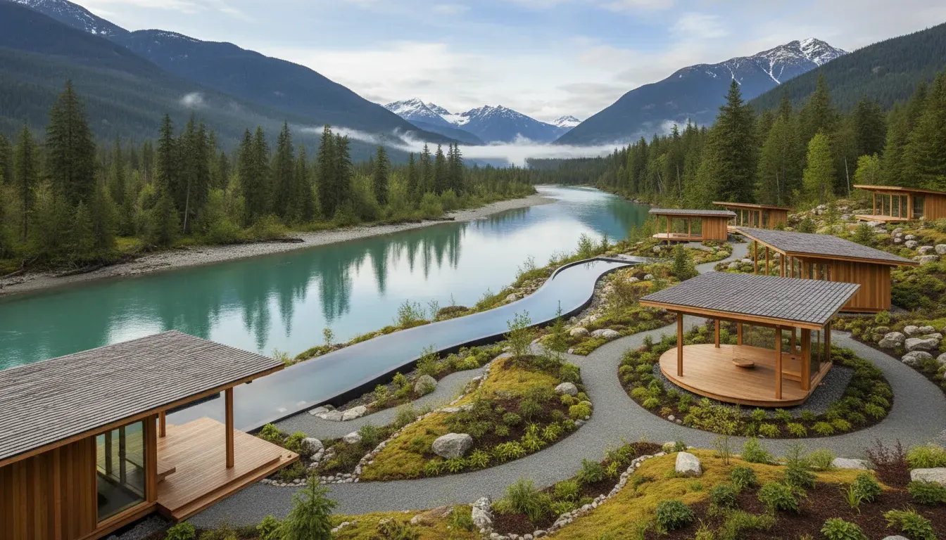 Green Water Resort — Green Water Resort is situated in the scenic Pemberton Meadows, directly on the edge of the Lillooet River. The seven-acre property is designed to integrate seamlessly with its natural surroundings, with landscaping that flows throughout. The atmosphere shifts with the changing seasons, offering a dynamic and engaging environment.