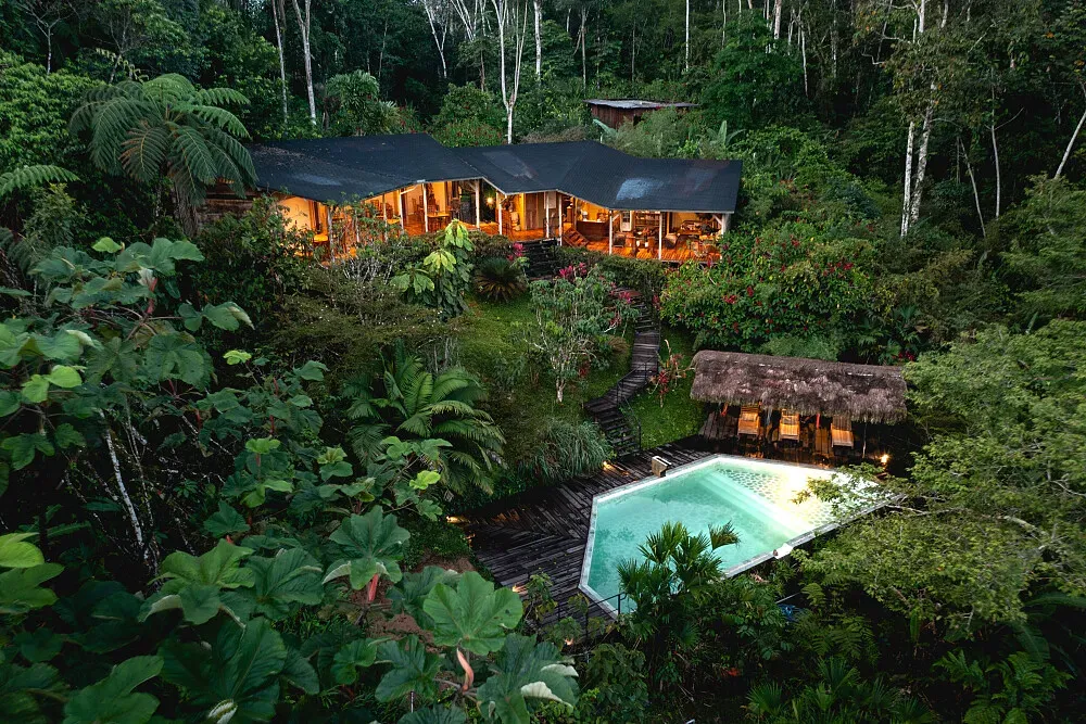 Hamadryade Retreat Center — The center is situated within a sprawling 64-hectare private rainforest reserve in the Ecuadorian Amazon. This provides an incredibly immersive natural environment, with the sights and sounds of the jungle creating a serene and vibrant atmosphere.