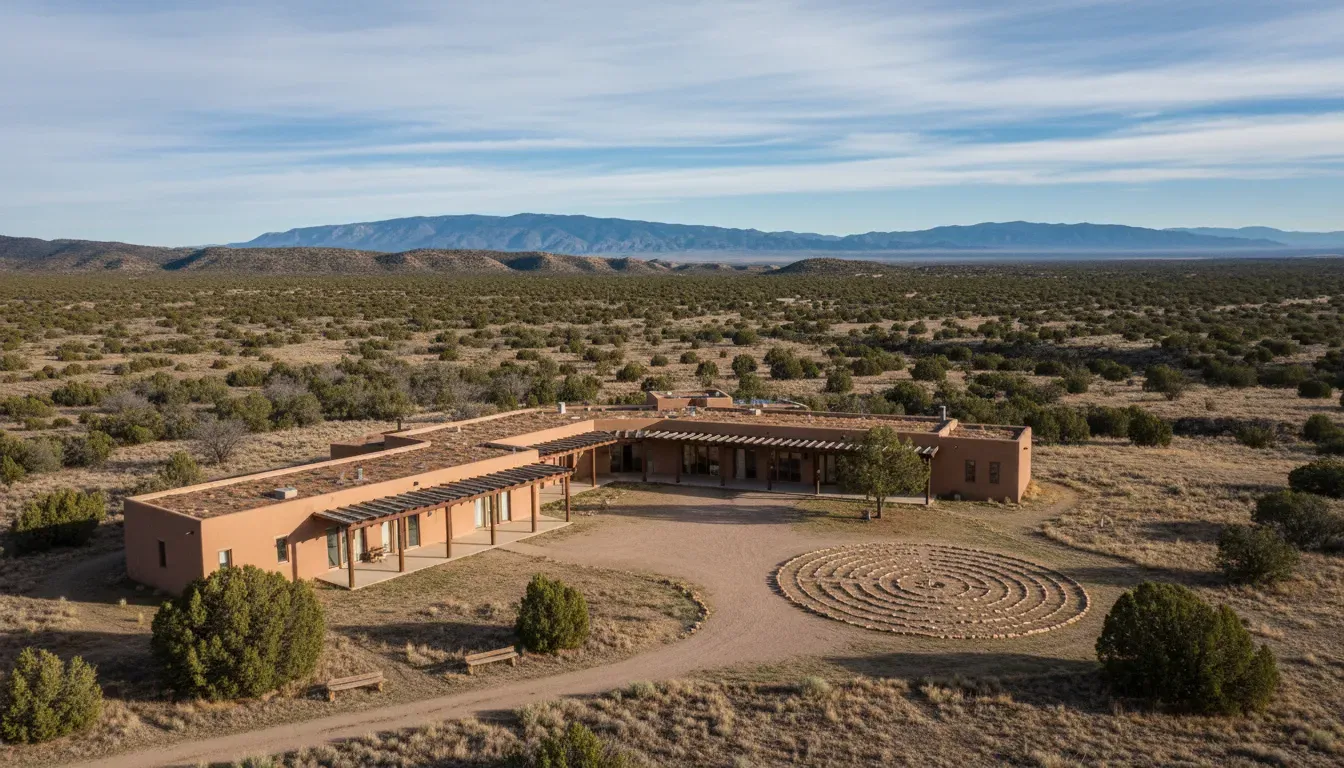 Hermosa — The center is situated in the wild, expansive landscapes of southwestern New Mexico, surrounded by vast stretches of protected wilderness. This remote, off-grid location fosters a deep connection with nature, characterized by wide skies and quiet trails.