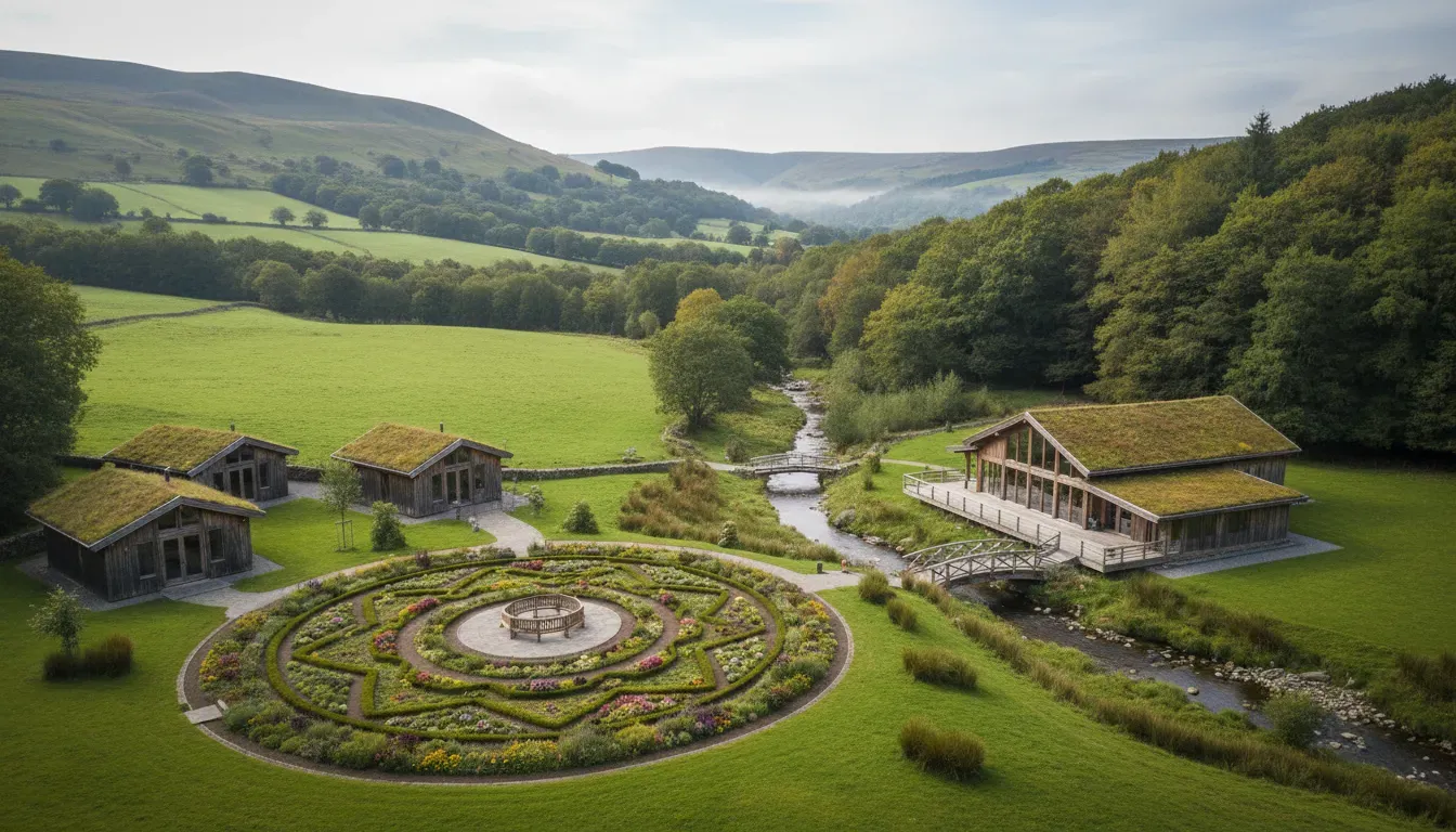 Iachusol-Enaid — The center is situated on 68 acres of breathtaking Welsh countryside, featuring a diverse landscape of rolling hills, lush meadows, woodlands, streams, and a beautiful mandala garden. This tranquil environment is ideal for deep relaxation and reflection.