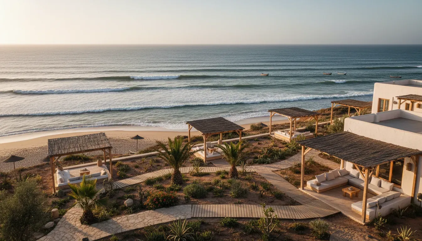 Jaws Wave Surf House — Imsouane is a coastal village in Morocco, known for its exceptional surf conditions and a laid-back, authentic atmosphere. The center provides a direct connection to the ocean, with views and easy access to the waves, embodying the relaxed pace of a surf town.
