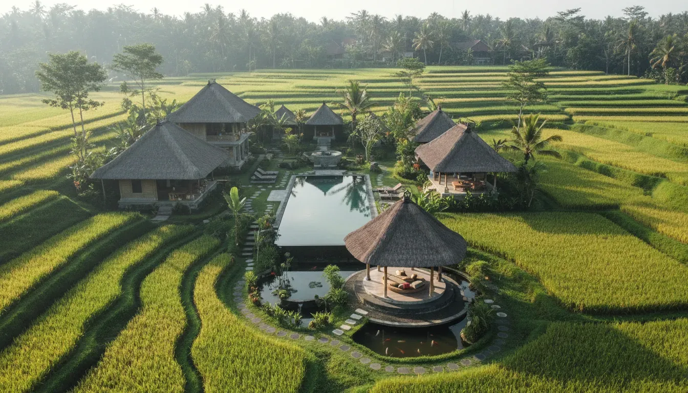 KaJaNe Yanglo — Nestled just a five-minute drive from the bustling center of Ubud, KajaNe Yangloni offers a peaceful sanctuary. The property is characterized by picturesque rice fields that surround its accommodations, creating a tranquil and authentic Balinese atmosphere away from the main tourist hubs.