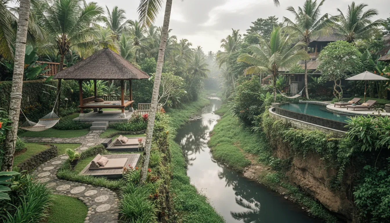 Kalapa Boutique Resort & Yoga Retreat — Kalapa Boutique Resort & Yoga Retreat is situated amidst the lush tropical landscapes of Canggu, Bali. It boasts a serene location overlooking a picturesque river valley, providing a naturally soothing and inspiring atmosphere. The environment is designed to immerse guests in the island's natural beauty and tranquil ambiance.