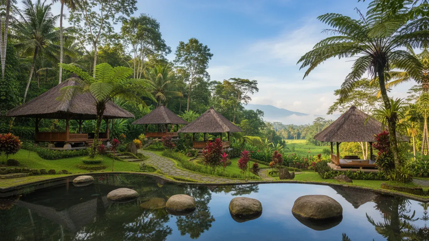 Kenrar Resort — The resort is situated in the Tegal Lalang area of Ubud, offering captivating views of tranquil rice paddies, majestic jungle greenery, and the calming flow of the Tukad Petanu River. This natural environment is designed to soothe the senses and provide a peaceful atmosphere.