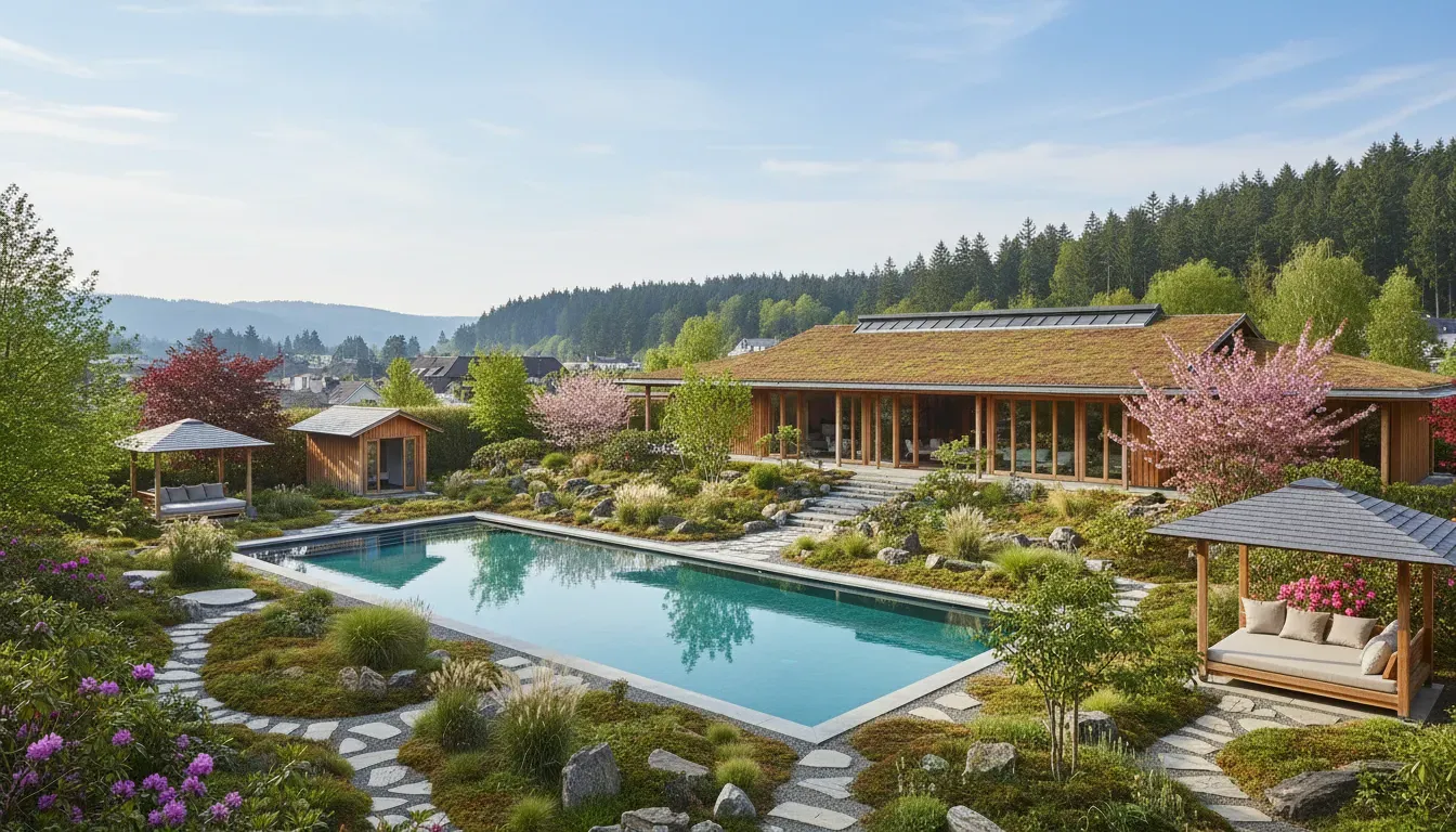 LA MONEZE BASSE — The estate is set within expansive, charming gardens, providing a peaceful atmosphere on the edge of town. The presence of a swimming pool adds to the tranquil and restorative ambiance, making it an ideal spot for unwinding.