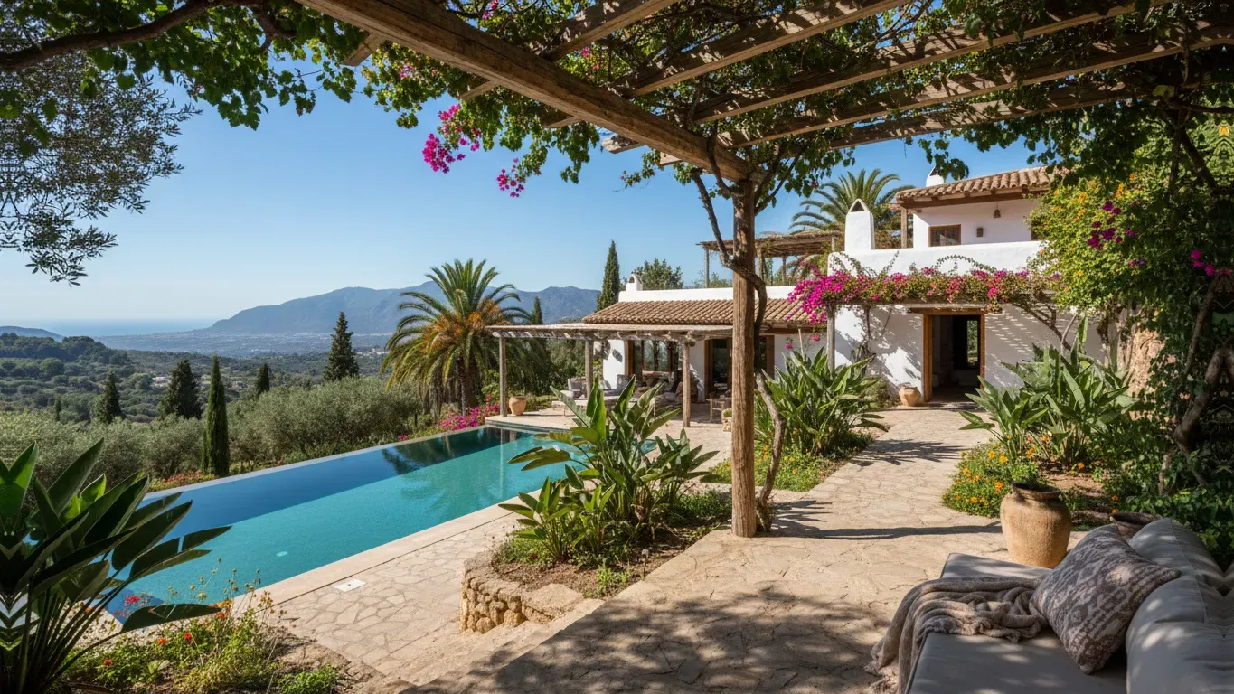La Pajarera — La Pajarera is situated in San Carlos, on the northern side of Ibiza, offering a peaceful and natural environment. The property itself is an old Ibizan finca, surrounded by lush nature, and benefits from being on a dead-end street, ensuring minimal traffic noise. The beach is a short walk away, providing easy access to the island's coastal beauty.
