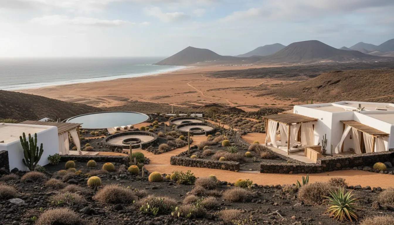 Lajares Fuerteventura — Nestled within the wild beauty of Lajares, Fuerteventura, the center is surrounded by the island's unique volcanic landscape. The atmosphere is one of quiet luxury and grounding simplicity, designed to help visitors connect with nature.