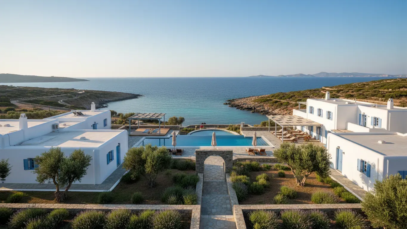Lakki Village — Lakki Village is situated directly on Aegiali beach, one of Amorgos island's most beautiful and quiet shores. The property is set within a lush green garden, offering a peaceful atmosphere with local flowers and plants, shaded pergolas, and views of the Aegean Sea.