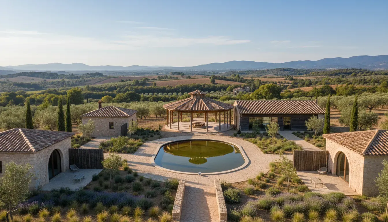 Lalita Devi Escuela de Vida — The center is set in a fertile valley within the Sierra de Gata, province of Cáceres, at the base of Jálama mountain. The landscape is characterized by lush oak and chestnut forests, with a small river winding through, providing a serene and life-sustaining environment.