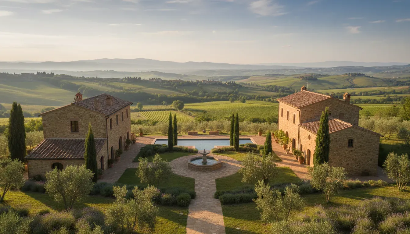 Locanda del Gallo — The center is situated amidst the gentle Italian hills, between the historic towns of Gubbio and Perugia. The grounds are characterized by ancient stone architecture, meticulously kept lawns, and fragrant plantings of olive trees, lavender, and rosemary. Guests can enjoy the natural beauty of surrounding woods and a stream, with spectacular sunsets visible from the veranda.