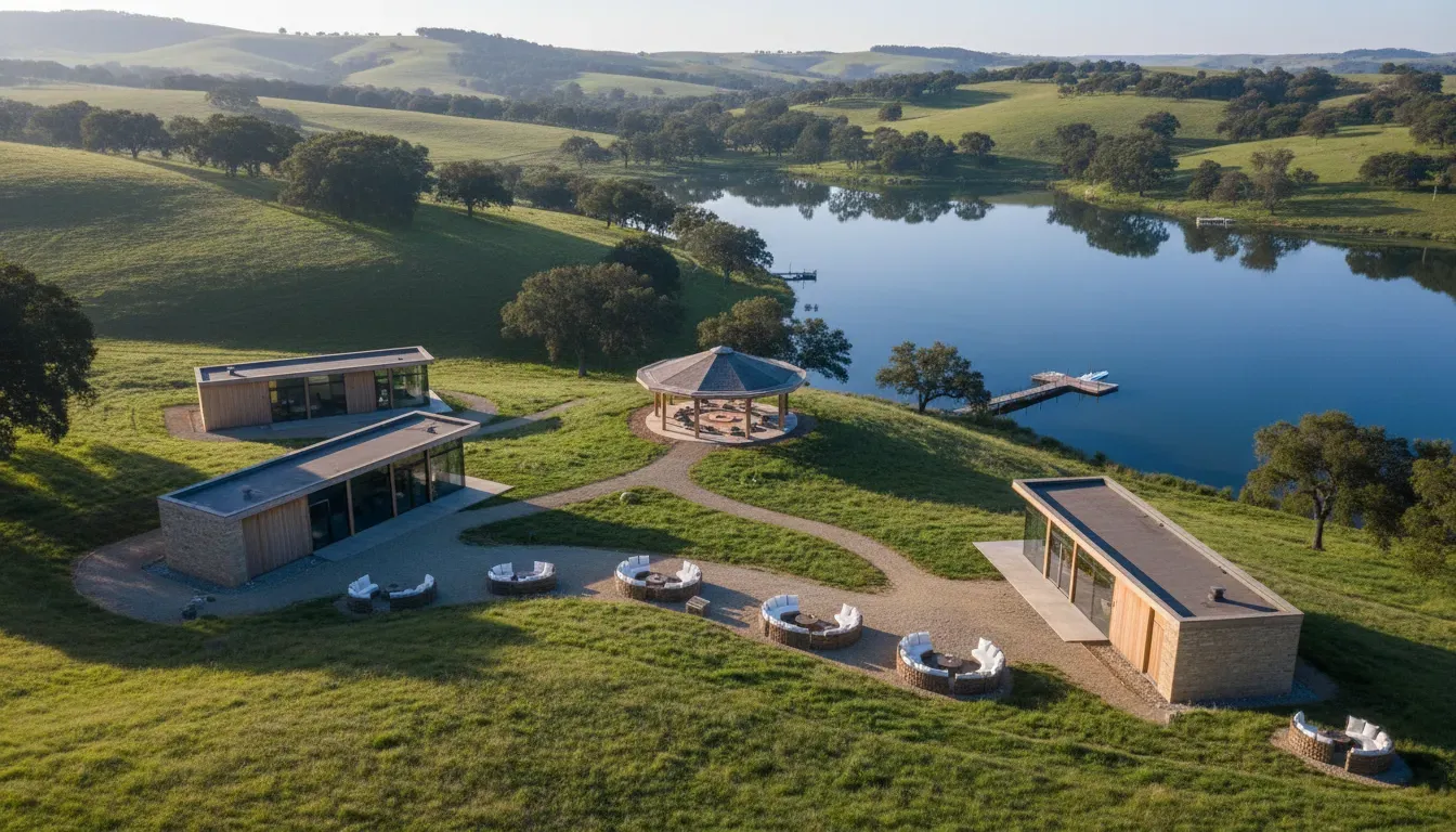 Luxury Private Ranch — This sprawling ranch is set amidst picturesque hills that gently descend towards the water, offering stunning views and a serene natural environment. The atmosphere is one of secluded luxury, designed for relaxation and enjoyment of the outdoors.