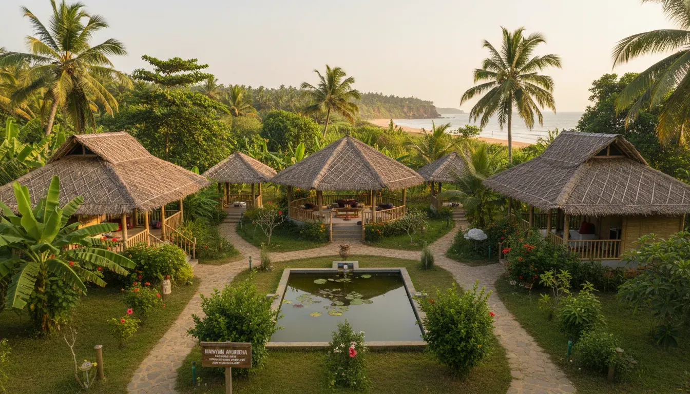 Manvahi Ayurveda — Manvahi Ayurveda is situated in a tranquil village setting, enveloped by lush greenery, just 500 meters from the lively Varkala Cliff and its beautiful beach. The atmosphere balances peaceful seclusion with easy access to local cafes, temples, and the vibrant promenade.