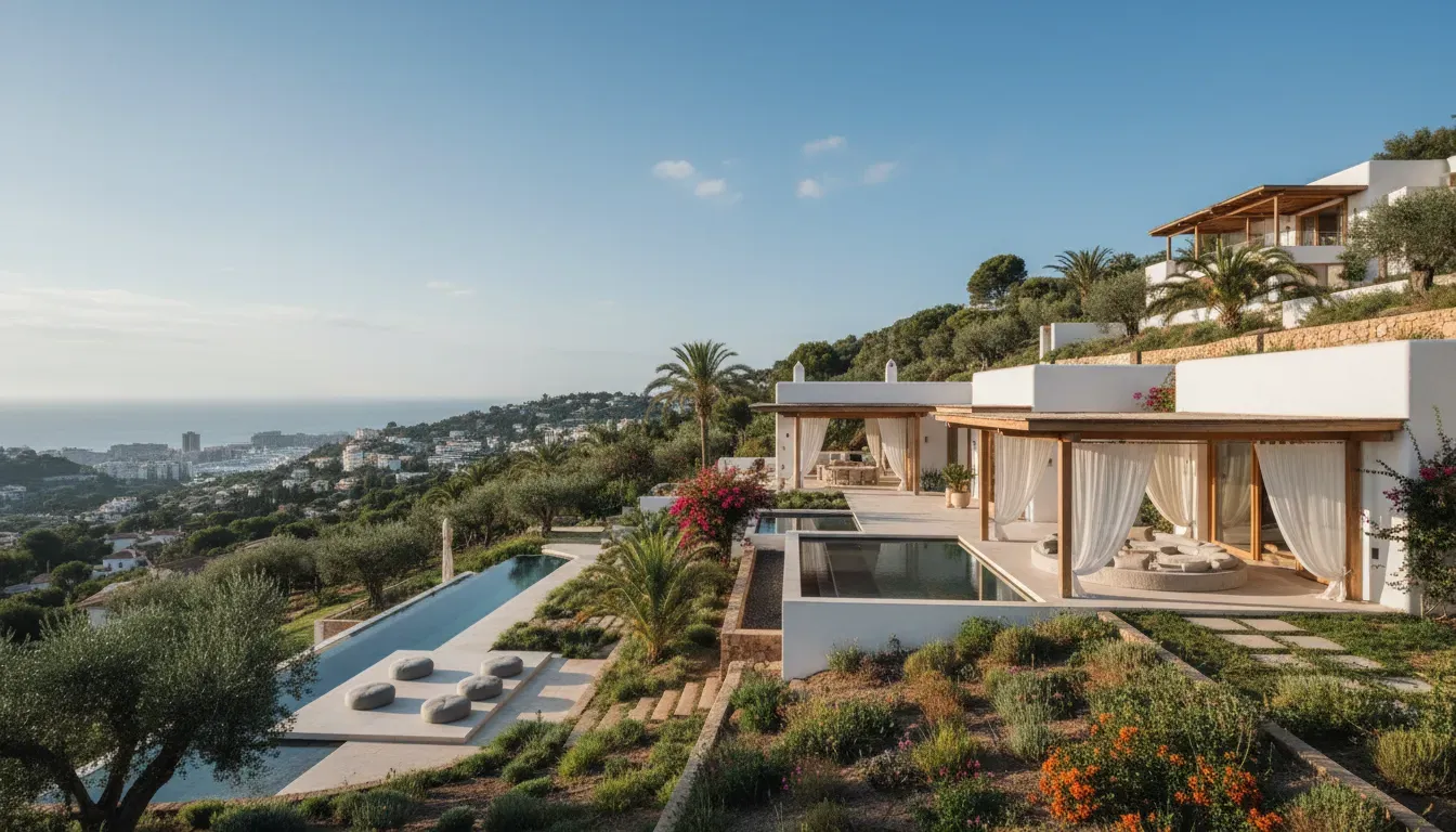 Marbella Sea View — Perched in the hills above Puerto Banús, the villa is surrounded by nature, offering expansive open views that create a profound sense of space and light. The environment is meticulously curated to invite quiet contemplation and a natural deceleration from daily life's demands. It's a place where the beauty of the Andalusian landscape meets elegant design.