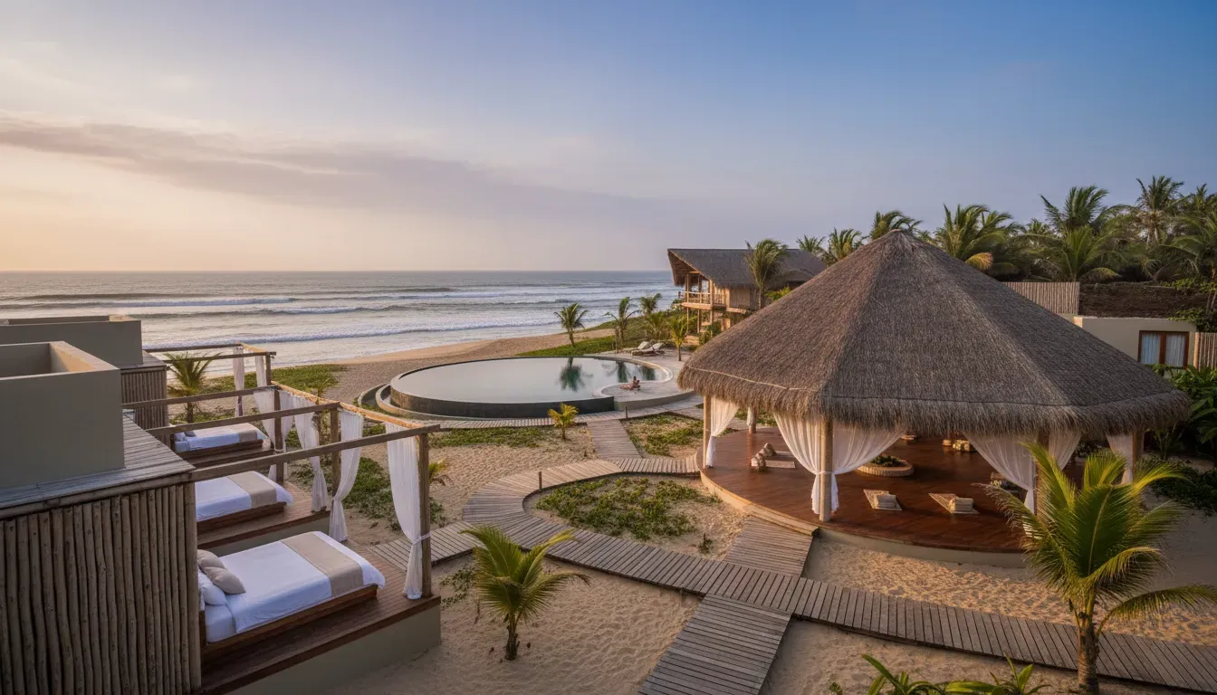 Muelle Viejo — This private beach house is located directly on the ocean in Peru, offering open views of the water and the constant rhythm of the waves. The atmosphere is one of serene coastal living, with direct access to the sand and plenty of open-air spaces to enjoy the natural surroundings.