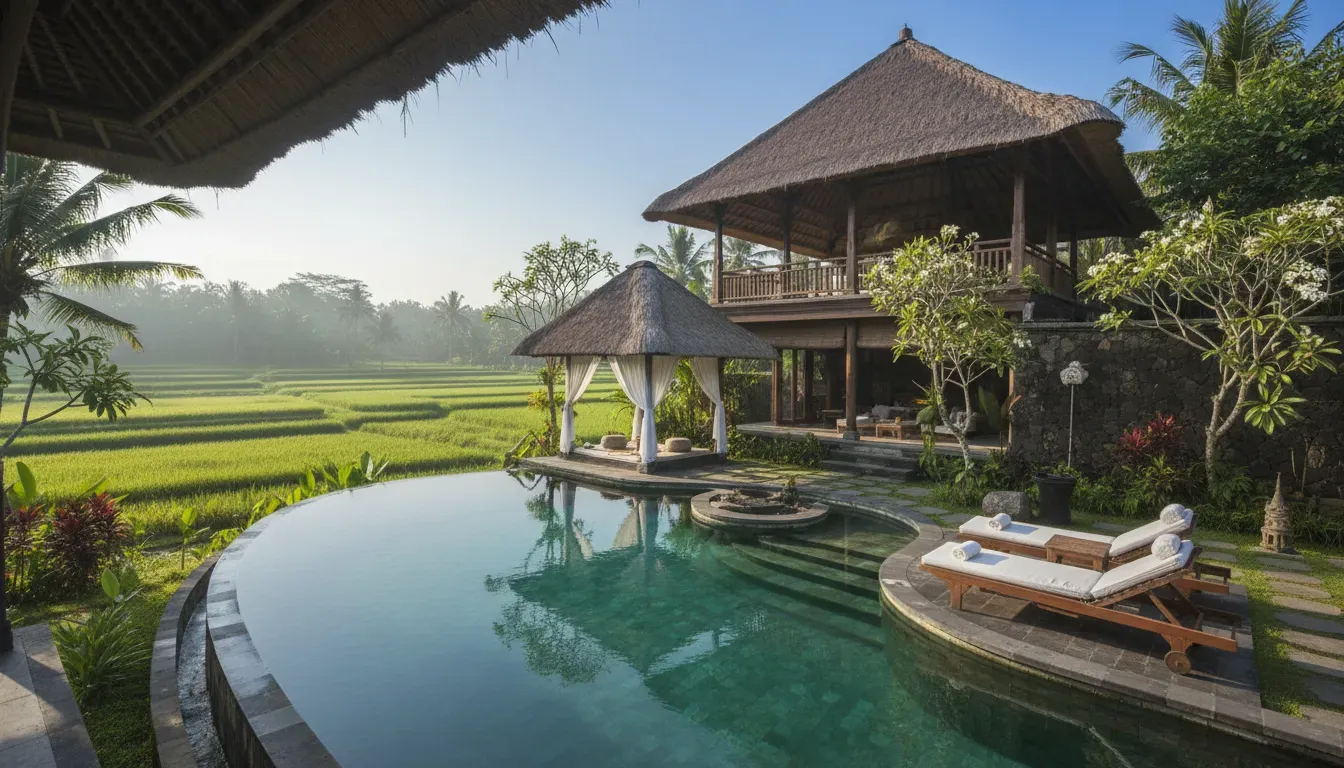 Ombreathe — Located in the peaceful area of Ubud, the villa is surrounded by beautiful natural scenery, including lush rice fields. An outdoor swimming pool adds to the serene atmosphere, creating a perfect spot for relaxation.