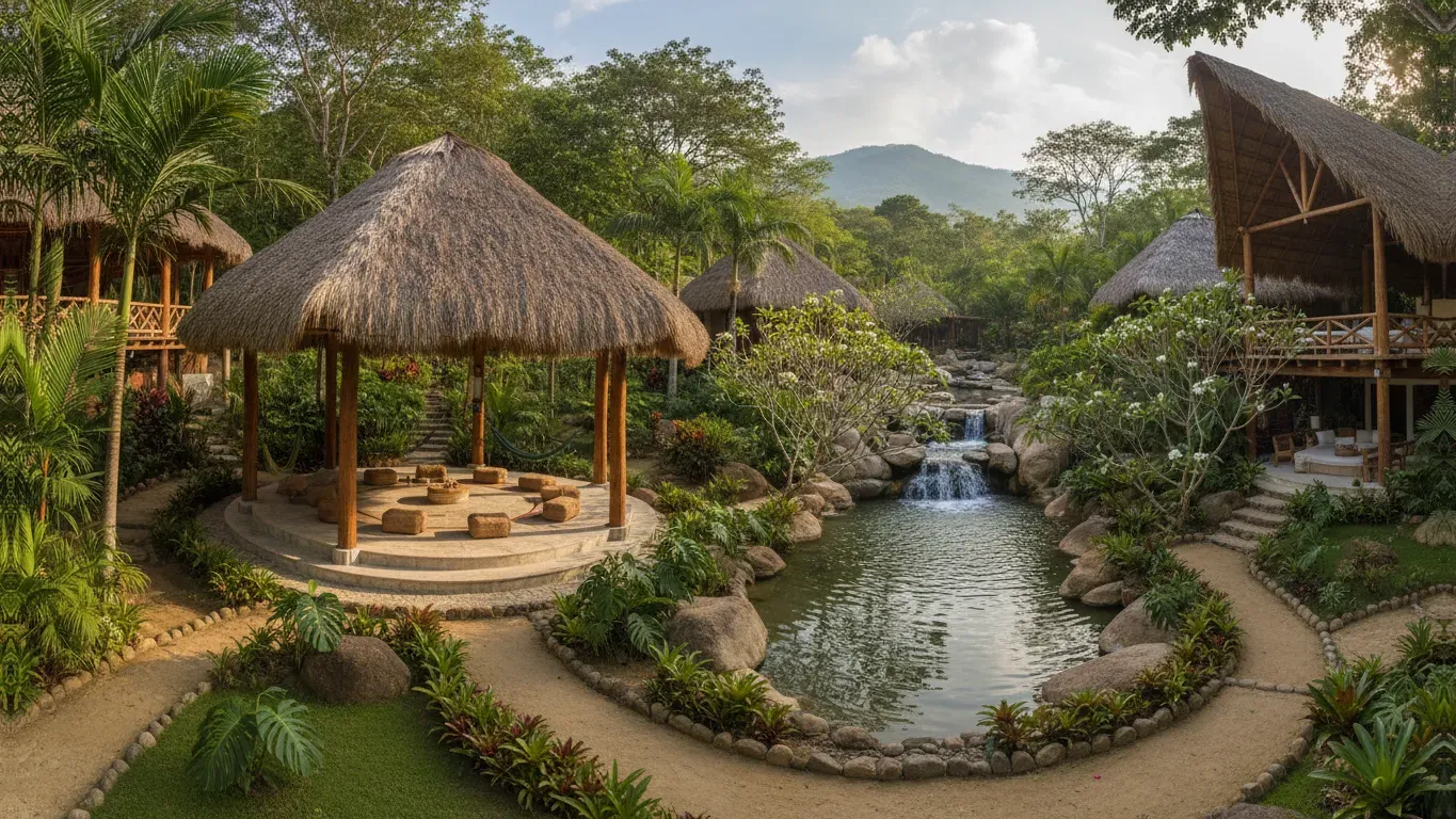 Palmaia, House of Aïa — Situated directly on the pristine beaches of Playa del Carmen, the atmosphere at Palmaia is one of sophisticated relaxation. Expect lush tropical surroundings meeting the Caribbean Sea, creating a serene yet vibrant backdrop for your retreat experience.