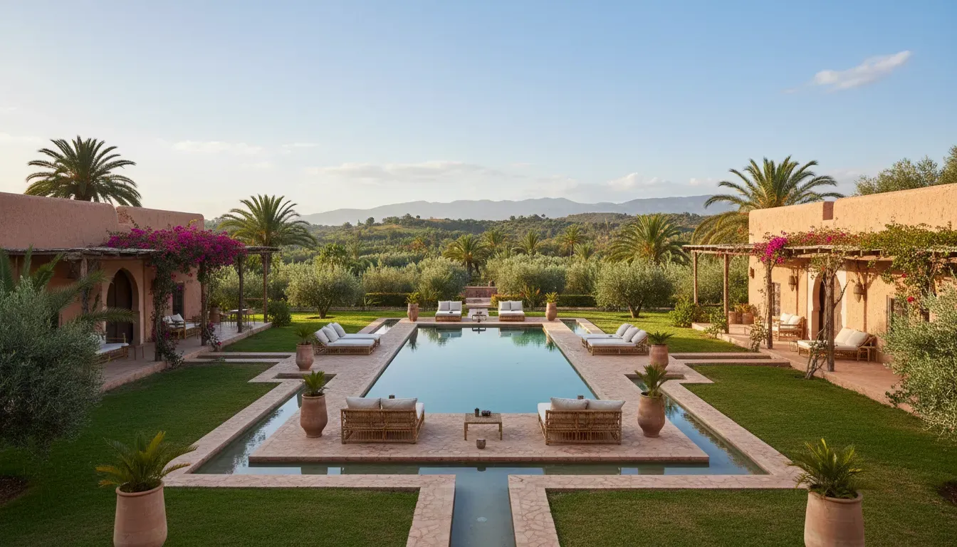 Peacock Pavilions — Set amidst a serene olive grove on the outskirts of Marrakech, Peacock Pavilions offers a tranquil escape. The atmosphere is one of artisanal charm and thoughtful design, reflecting the creative vision of its founders. It provides a peaceful environment away from the city's bustle, allowing for quiet contemplation and connection with nature.
