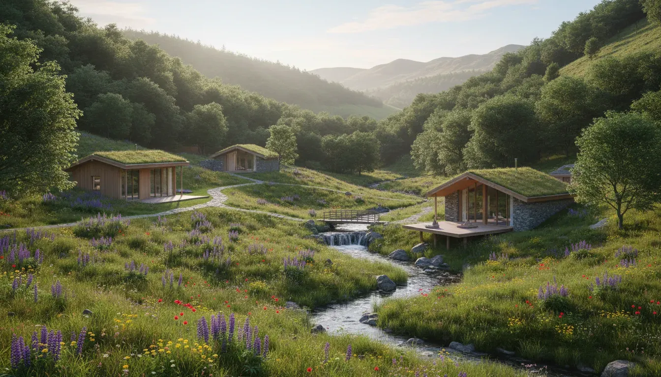 Plas Y Maes — Plas Y Maes is set within a secluded 68-acre private valley in the Welsh countryside. The landscape is rich with woodlands, streams, and wildflower meadows, offering stunning views and a profound sense of natural tranquility.