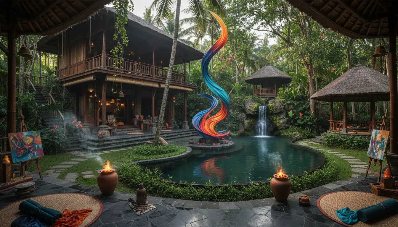 Pole -Robean Studio Bali — Robean Studio is nestled within the lush, tropical jungle landscape of Bali, offering a vibrant and natural backdrop to its activities. The atmosphere is one of energetic movement and creative exploration, set against the serene beauty of the island.