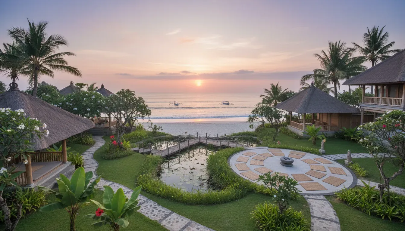 Prama Sanur - Bali, Indonesia — Sanur, a coastal town in Bali, is known for its calm waters, beautiful sunrises, and a more relaxed atmosphere compared to some of the island's busier areas. The setting likely provides a tranquil backdrop for contemplation, with the sounds of the ocean and tropical flora contributing to a peaceful environment.