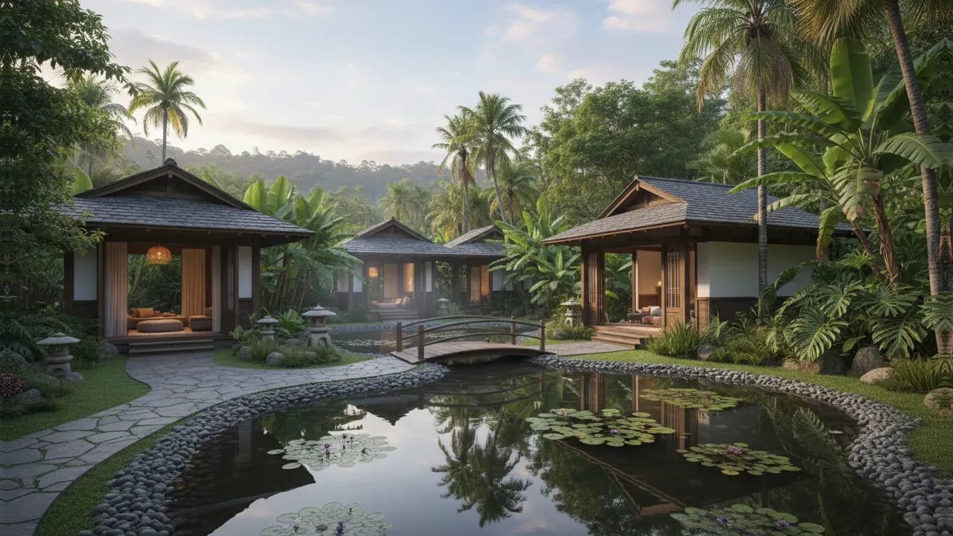 Puna Rainforest Retreat — The retreat is situated in the vibrant rainforest just outside Pāhoa, Hawaii. The atmosphere is one of profound seclusion and natural immersion, with the sounds and sights of the rainforest creating a deeply calming environment.