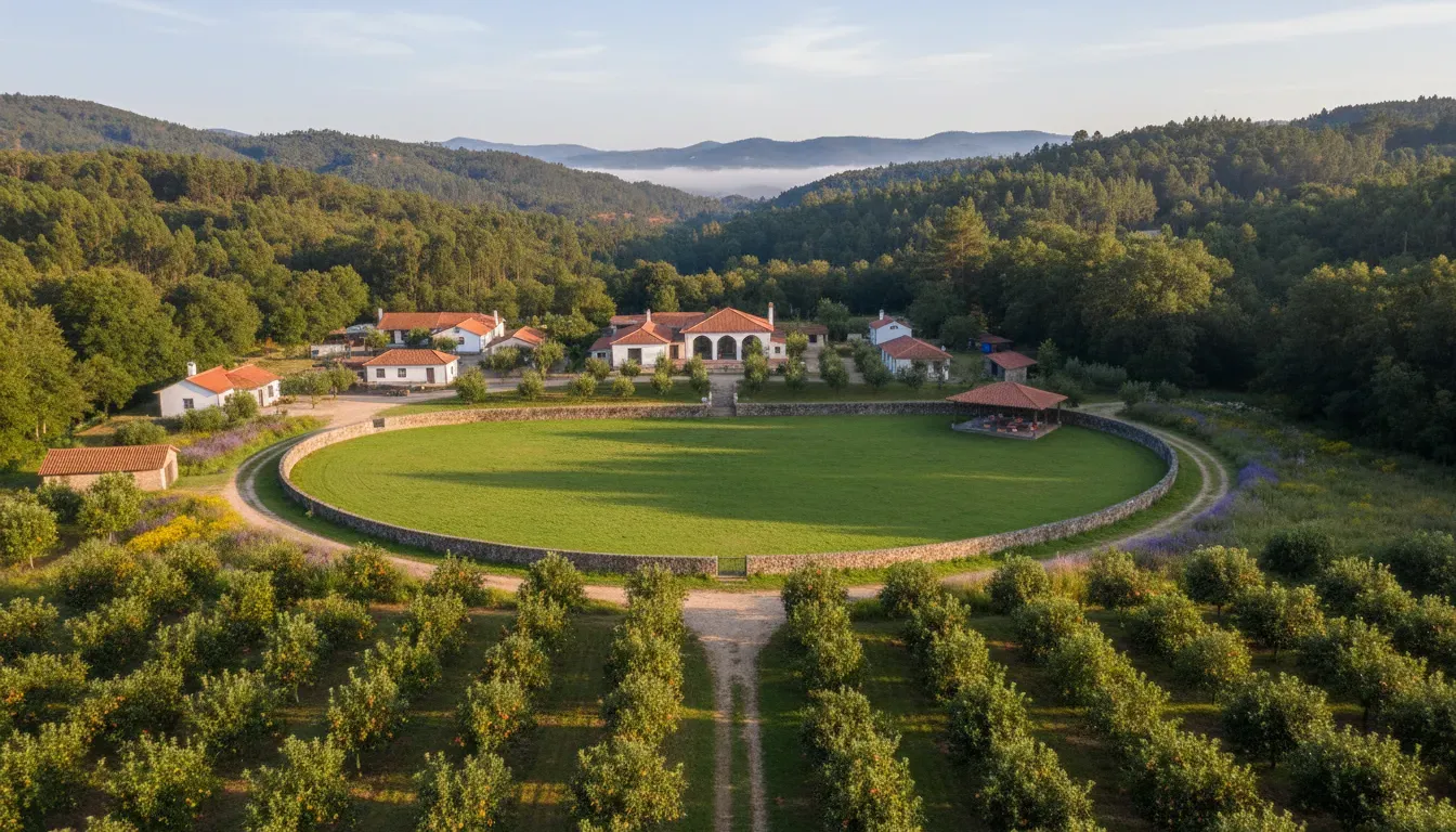 Quinta Nova Gentine — Set within a verdant valley in Portugal, Quinta Nova Gentine is characterized by its natural beauty. The property features a small forest, productive orchards, and a large, track-style pasture, creating an expansive and serene environment. This working farm atmosphere encourages a deep connection with the land and its rhythms.