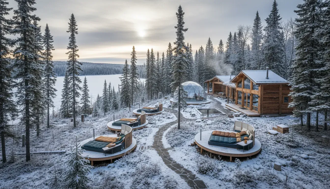 Rancho Relaxo Resort — The resort is set amidst a natural landscape in Canada, providing a peaceful and grounding environment. Guests can expect forest views and the opportunity to sleep outdoors under the stars, fostering a deep connection with the natural world.