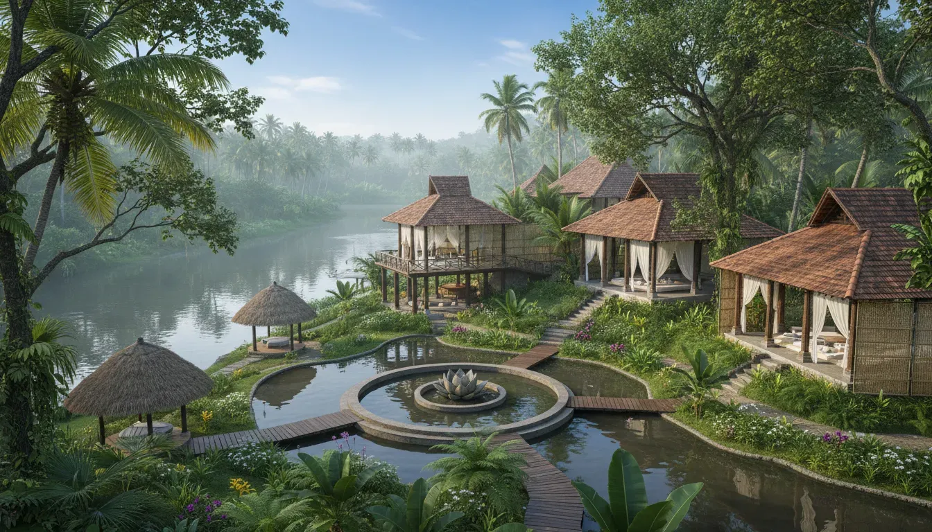 Retreat Inn Kerala - Serene Destination — The retreat is nestled on an expansive 18-acre riverside estate, bordering the tranquil Chalakudy River. The atmosphere is one of deep natural serenity, designed to foster rest, healing, and renewal amidst lush surroundings.