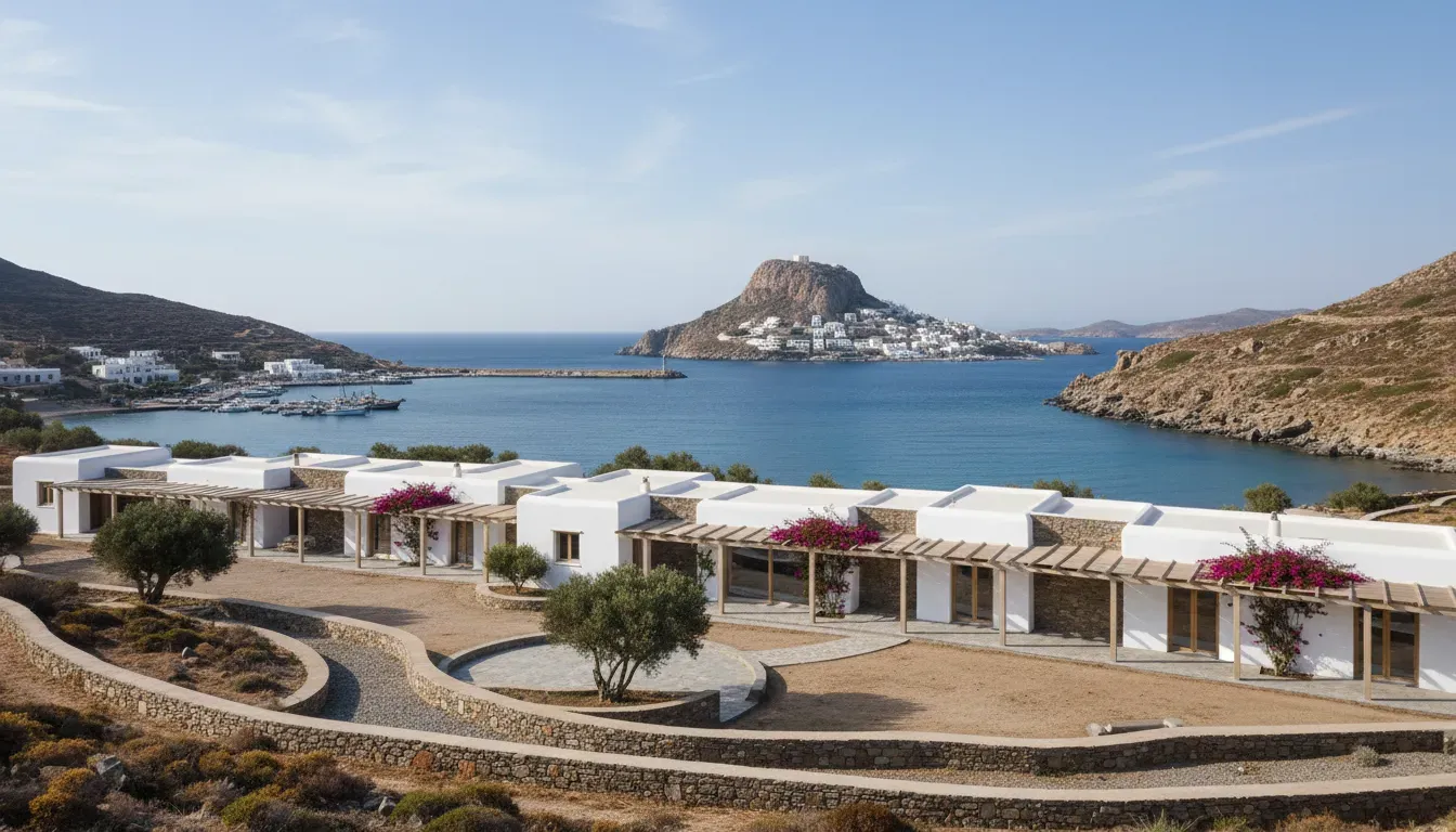rizes boutique hotel — The hotel is situated on Serifos, a Cycladic island characterized by its contrasting landscapes of rugged cliffs and smooth, gentle slopes. Its Chora, built on a conical rock, is a striking sight, blending seamlessly with the natural environment. The retreat itself is in an isolated spot, offering magnificent views of the port and the Chora, providing a calm and quiet atmosphere protected from various weather conditions.