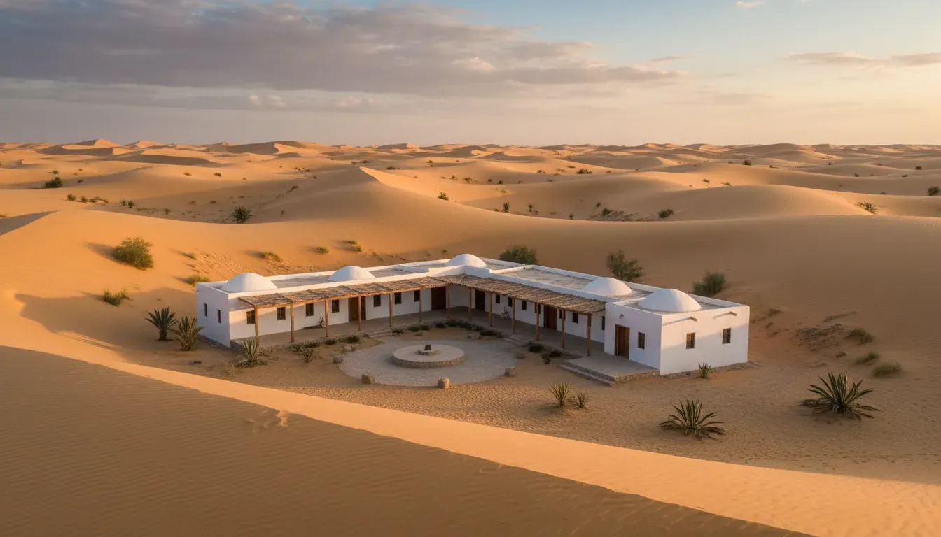 Sahara Desert Safari — The retreat unfolds in the majestic Sahara Desert, offering an unparalleled landscape of vast sand dunes and endless skies. The atmosphere is one of profound tranquility and natural grandeur, far removed from urban distractions, providing an ideal backdrop for introspection and spiritual connection.