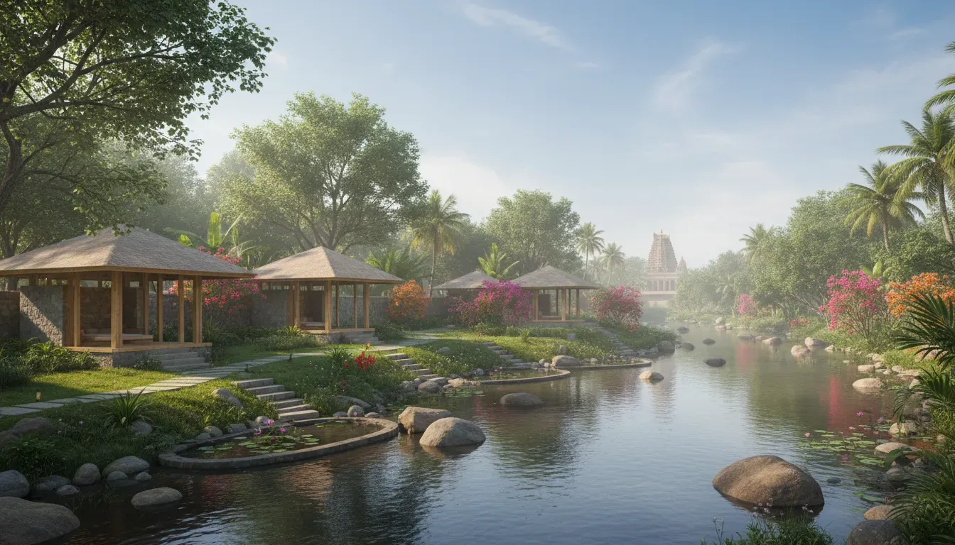 SAMA x YogaDhaama — The retreat is set on the tranquil banks of the Cauvery River in Srirangapatna, a location known for its natural beauty near Mysore. This riverside environment provides a peaceful and natural backdrop, ideal for fostering a sense of calm and stillness away from urban noise.