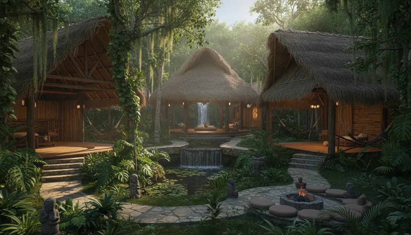 San Carlos Jungle Lodge — The lodge is situated in a jungle environment in Mexico, designed to foster a deep connection with nature. The atmosphere is described as private and harmonious, aiming to balance vital energy.