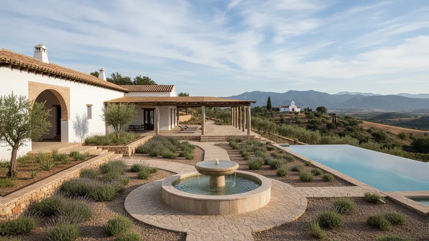 Santillan Yoga and Wellness Center — Santillan Yoga and Wellness Center is an authentic Andalusian farmhouse set on a sprawling 50,000 sq meter farm. It's located in the peaceful Spanish countryside, offering lovely gardens and surrounding hills for quiet contemplation. The atmosphere is one of natural tranquility, well suited to stargazing and enjoying bonfires under the dark night sky.