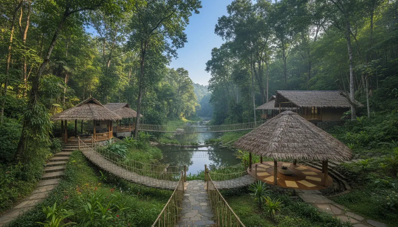 Saraca Corbett — Nestled on the fringes of the Corbett Tiger Reserve, the center is surrounded by lush jungle, offering an immersive experience in India's rich wildlife. The atmosphere balances the excitement of wilderness exploration with the tranquility of a resort setting.