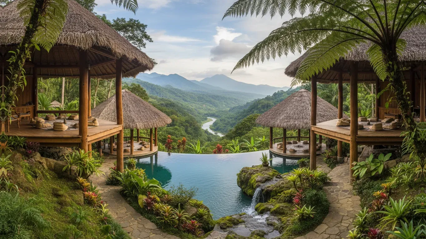 Scarlet Villas — The villas are situated amidst lush Costa Rican nature, providing a tranquil and distraction-free environment. The air is filled with the sounds of tropical wildlife, creating an immersive natural soundscape for meditation and relaxation. A private river flows nearby, adding to the serene atmosphere.