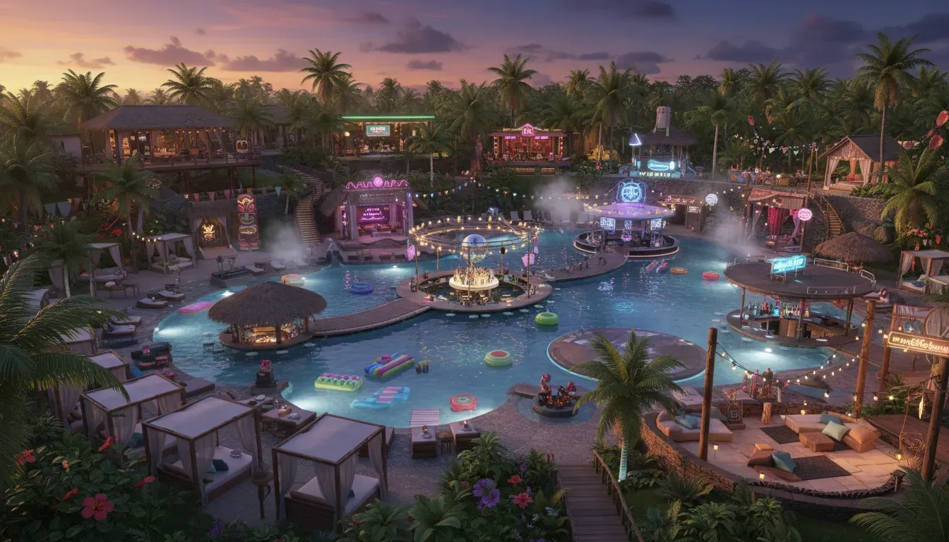 Secrets Hideaway Resort — The resort cultivates a vibrant, party-like atmosphere with poolside activities, multiple bars, and themed nightly events. It's designed to be a playful and uninhibited environment, distinct from the typical tourist attractions nearby, focusing on social interaction and sensory experiences.